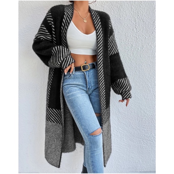 Cozy Color Block Stripes Fuzzy Open Front Cardigan - Picture 10 of 12